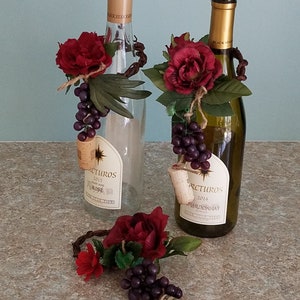 Set of 2 Centerpieces wine lover hostess gift bottle toppers Italian Event deep Red burgundy fall Wedding flowers Bridal shower decor