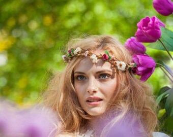 Boho flower crown burgundy blush gold Goddess halo Bridal hair wreath destination wedding accessories spring circlet family photos