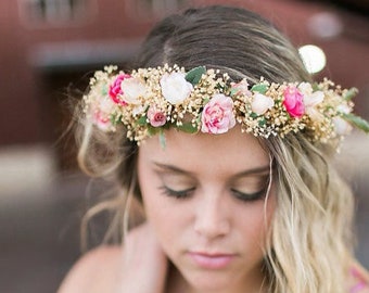 Boho halo Blush Dried Flower crown Bridal hair wreath coral pink Bohemian spring wedding accessories peach flower girl baby headband