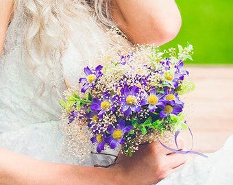 bouquet silk dried flowers gift summer Private wedding ceremony bridal bouquet Lavender daisies elope prom crown arm braid
