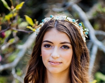 Wedding Boho Flower Crown Hair Wreath teal lace accessories Bohemian Hippie Fairy costume Headwreath Forest bridal headpiece princess