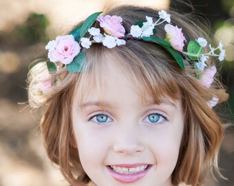 Flower girl Halo Pink Hair wreath fairy flower crown bridal party accessories Daddy Daughter Dance floral circlet beach weddings photo prop