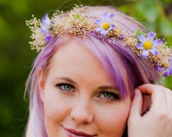 Lavender Flower crown elope Boho halo spring fashion headpiece bride hair Wreath vow renewal Babys Breath spring fairy accessories bridal