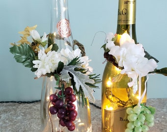 Light up Wine bottle floral topper home decor silk flowers centerpiece lights white gold summer birthday party burgundy favor Grapes cork