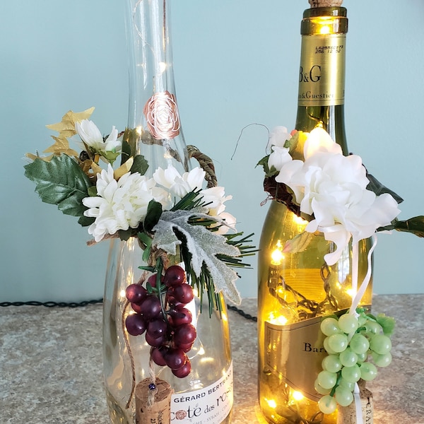 Light up Wine bottle floral topper home decor silk flowers centerpiece lights white gold summer birthday party burgundy favor Grapes cork