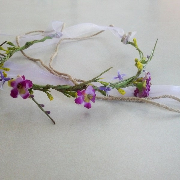 Bridal Flower crown lavender purple -Organic Fairy- wedding hair wreath accessories spring girl headpiece Cottage Chic Garden Outdoor twine