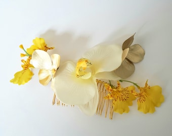 Tropical wedding hair comb orchid yellow gold bridal prom silk flowers headpiece accessories simplicity baby shower party spring photo prop