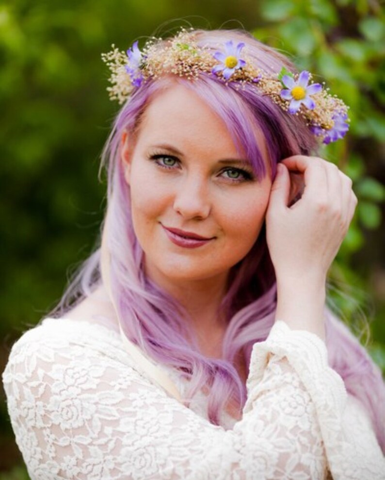 Lavender Flower crown elope Boho halo spring fashion headpiece bride hair Wreath vow renewal Babys Breath spring fairy accessories bridal image 1