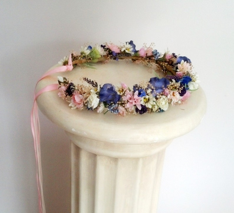 Silk Flower Crown boho halo Bridal Dried hair wreath blue pink Headdress Maternity photo prop baby shower wedding accessories artificial image 2