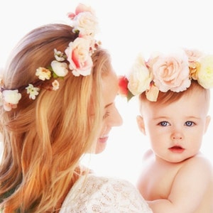 Mother daughter flower crowns 1st Birthday Baby photo shoot props set of 2 Blush peach pink Mommy and Me halos hair wreath accessories image 1