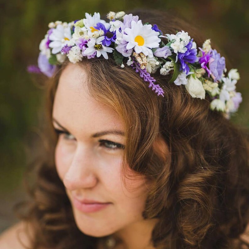 Violet Bridal Flower Crown Headpiece Floral hair wreath Headdress wedding accessories Lavender Purple halo bridal party circlet