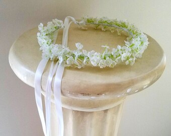 White First Communion halo Babys Breath Flower Crown bridal artificial wedding hair wreath flower girl blessingway Baptism baby headband