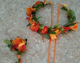 Flower crown orange alstromeria boutonniere set Bridal halo silk destination elopement wedding flowers Accessories hair wreath adornment