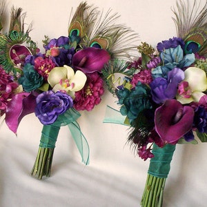 Teal Peacock feather Bridal Bouquet Brides maids artificial wedding flowers purple, Raspberry, pink bokay package custom for Terianna image 1