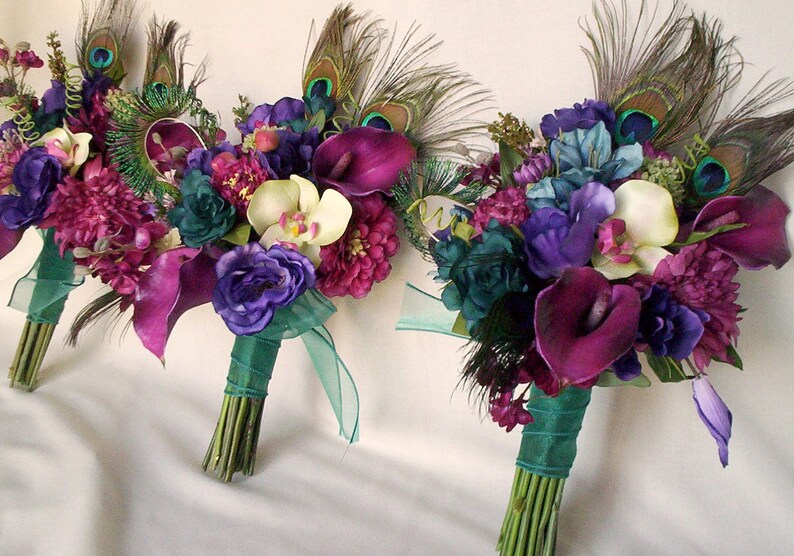 Teal Peacock feather Bridal Bouquet Brides maids artificial wedding flowers purple, Raspberry, pink bokay package custom for Terianna image 1