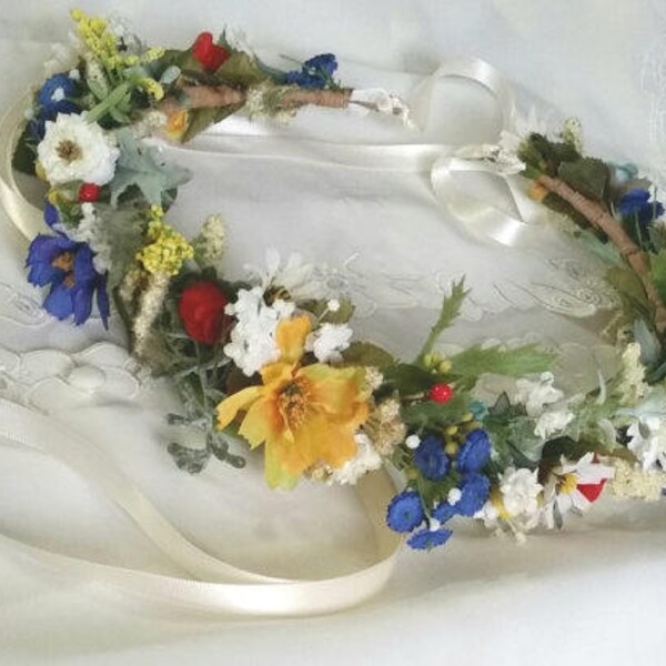 Wildflower hair wreath bridal floral headband yellow blue red Engagement photo prop baby headband adult wedding flower crown festival halo