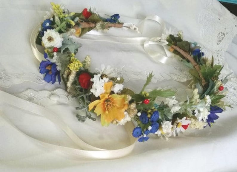 Wildflower hair wreath bridal floral headband yellow blue red Engagement photo prop wedding flower crown festival halo