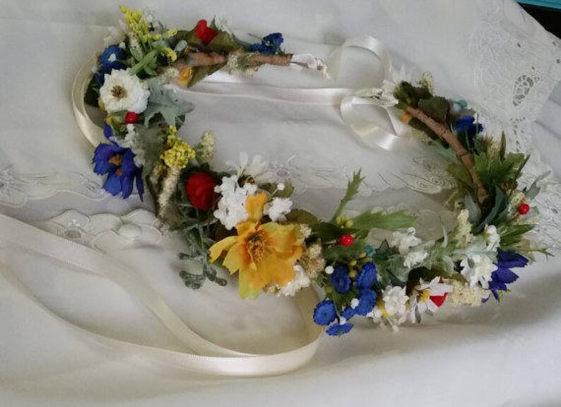 Wildflower hair wreath bridal floral headband yellow blue red Engagement photo prop wedding flower crown festival halo