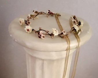 Gold Bridal flower crown Champagne Ivory Wedding hair wreath veil headpiece accessories halo elegant Destination Wedding berry photo prop