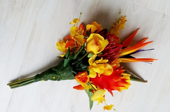 Tropical Bridal Bouquet Bird Paradise Silk Floral Yellow Orange Destination Wedding Flowers Protea Calla Bridesmaid Leaf