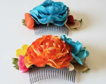 Colorful Mexican wedding flower comb Cinco de Mayo bridal headpiece orange turquoise baby taco shower Fiesta accessories Quinceanera party