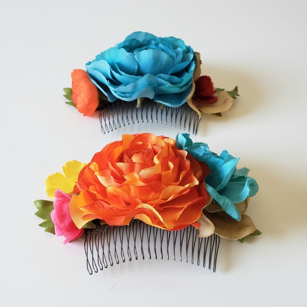 Colorful Mexican wedding flower comb Cinco de Mayo bridal headpiece orange turquoise baby taco shower Fiesta accessories Quinceanera party