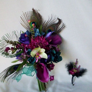 Teal Peacock feather Bridal Bouquet Brides maids artificial wedding flowers purple, Raspberry, pink bokay package custom for Terianna image 5