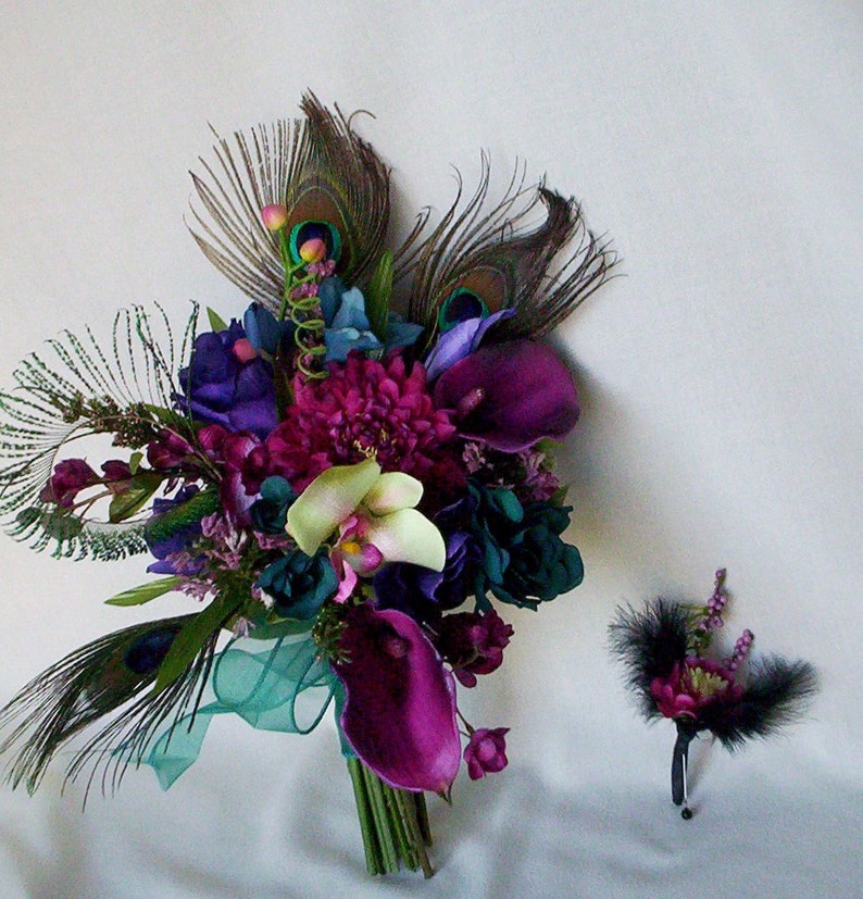 Teal Peacock feather Bridal Bouquet Brides maids artificial wedding flowers purple, Raspberry, pink bokay package custom for Terianna image 5