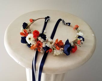 Orange navy blue bridal flower crown fall halo burnt orange gold adult toddler headband wedding party hair wreath gold destination fall