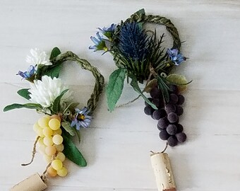 Slate blue Wedding Centerpieces 3 Wine Bottle Toppers thistles Bridal baby shower Botanical party favor cork grapes table decor accessories