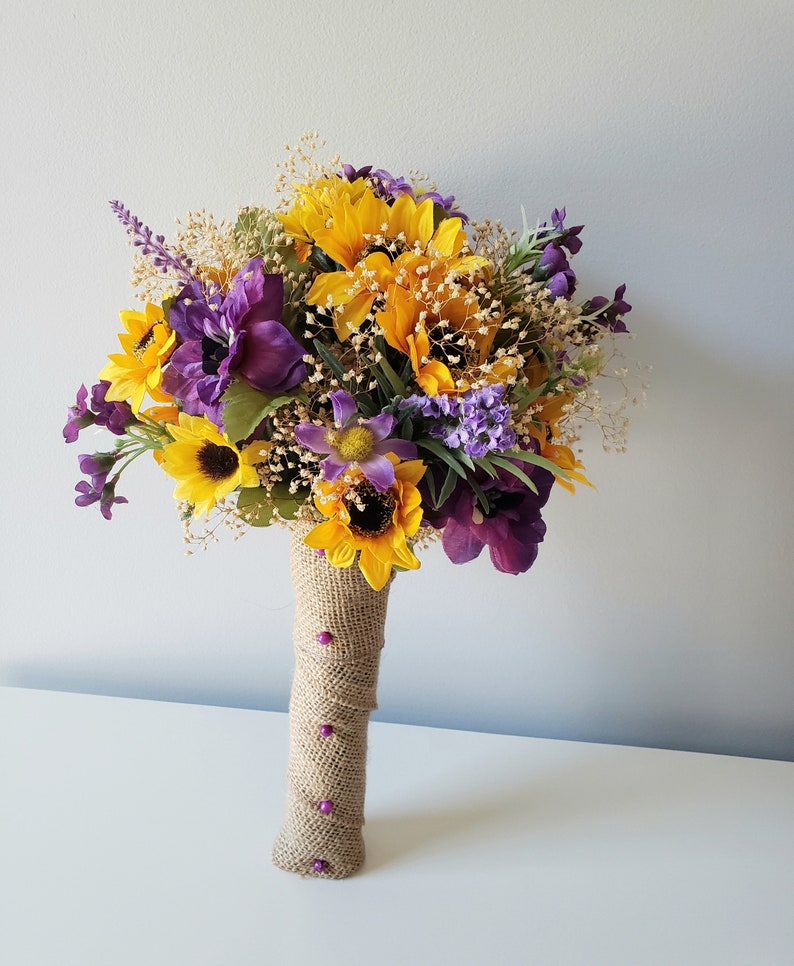 Custom Quinceanera Bouquet Sunflower Purple Silk Flowers Dried Etsy