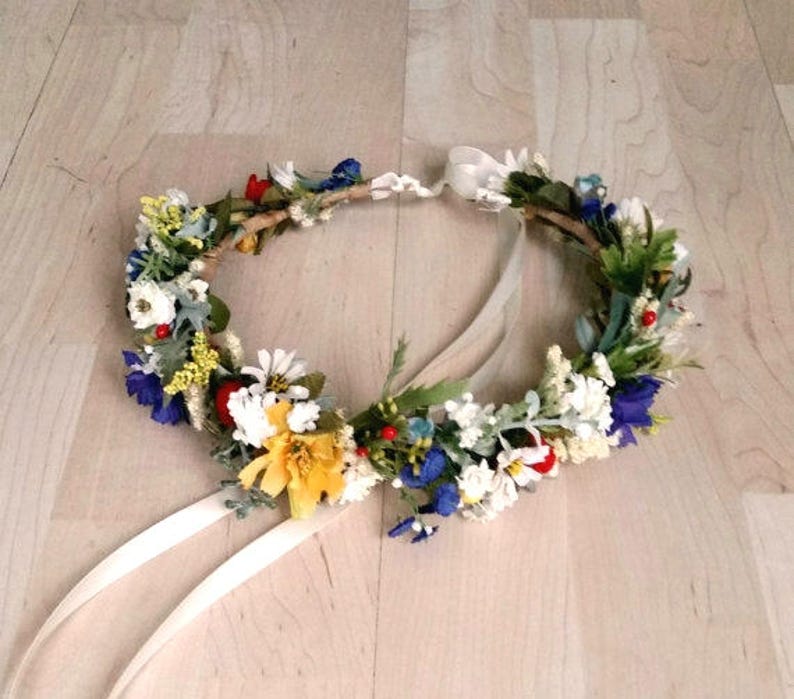 Wildflower hair wreath bridal floral headband yellow blue red Engagement photo prop wedding flower crown festival halo