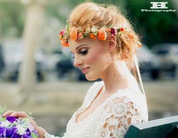 Flower Crown Orange Womens Hair Veil Accessories Wine Gold Etsy