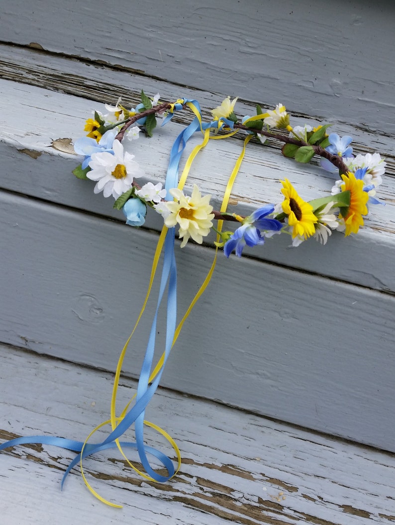 silk sunflower blue hair wreath Bridal flower crown yellow wedding accessories Rustic chic Woodland ready ship flower girl halo fall circlet