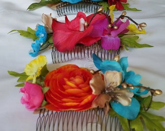 Mexican Party hair comb destination wedding Fiesta baby Bridal shower floral headpiece Red flower crown turquoise accessories