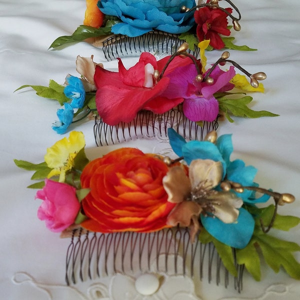 Mexican Party hair comb destination wedding Fiesta baby Bridal shower floral headpiece Red flower crown turquoise accessories