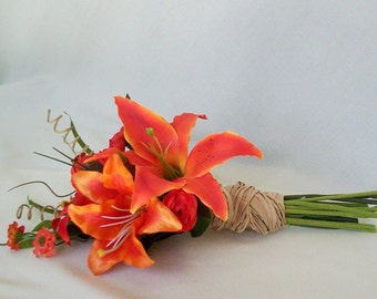 Wedding Flowers bouquet Orange Tiger Lily summer 2 piece Bridal groom boutonniere artificial tropical spring elope destination accessories