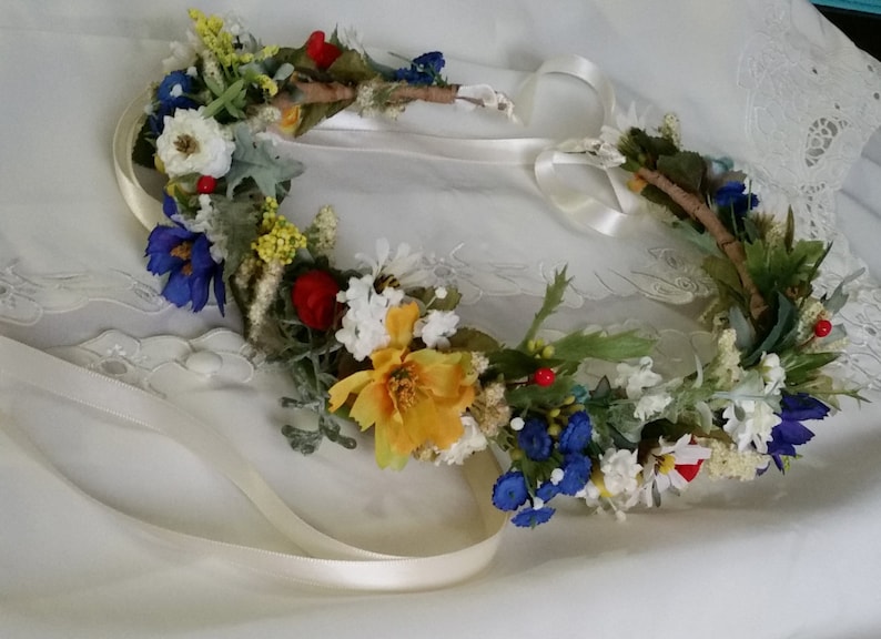 Wildflower hair wreath bridal floral headband yellow blue red Engagement photo prop wedding flower crown festival halo