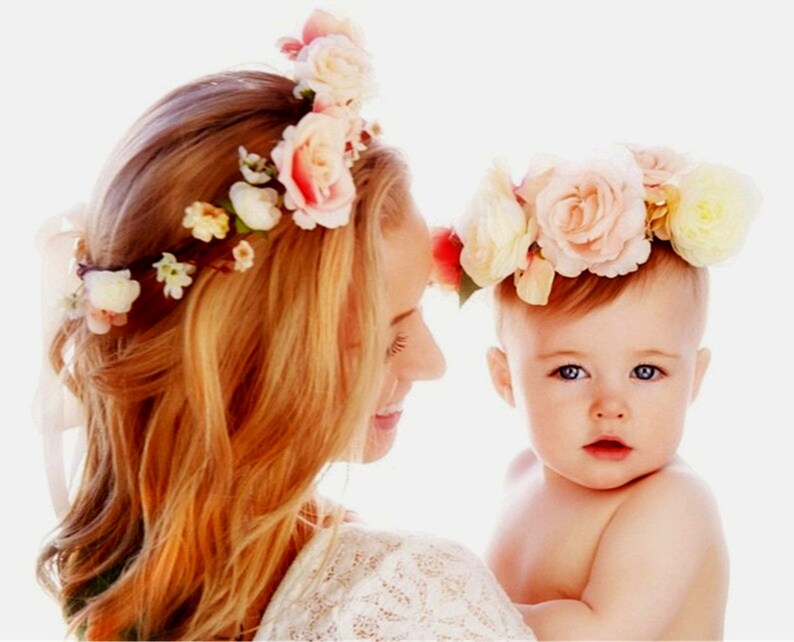 Mother daughter flower crowns 1st Birthday Baby photo shoot props set of 2 Blush peach pink Mommy and Me halos hair wreath accessories image 4