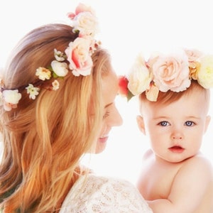 Mother daughter flower crowns 1st Birthday Baby photo shoot props set of 2 Blush peach pink Mommy and Me halos hair wreath accessories image 7