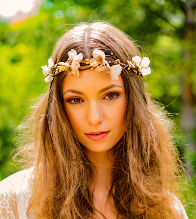 Gold Flower Crown Hairpiece Bridal Boho Halo Champagne Veil Etsy