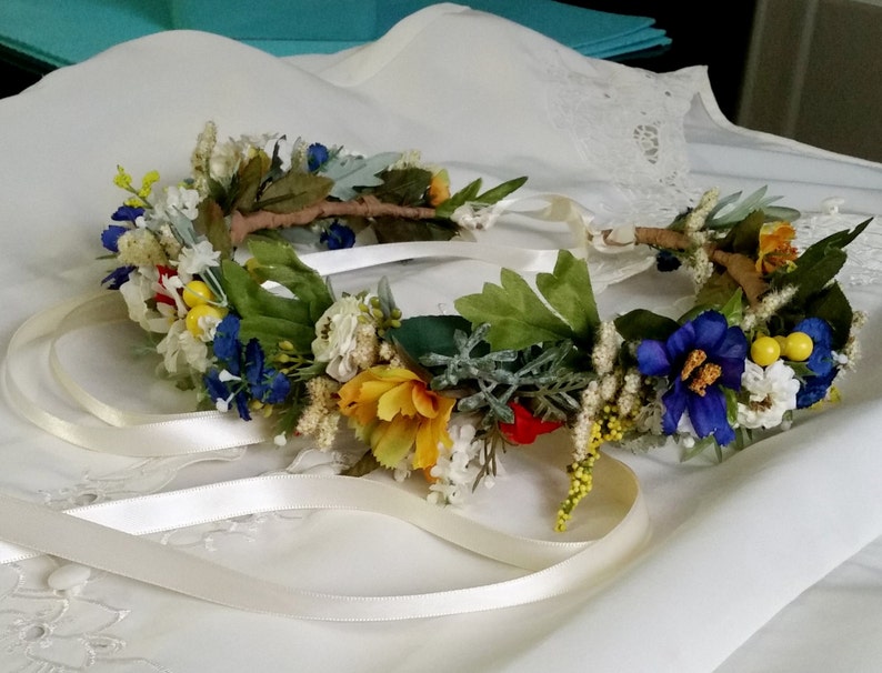 Wildflower hair wreath bridal floral headband yellow blue red Engagement photo prop wedding flower crown festival halo