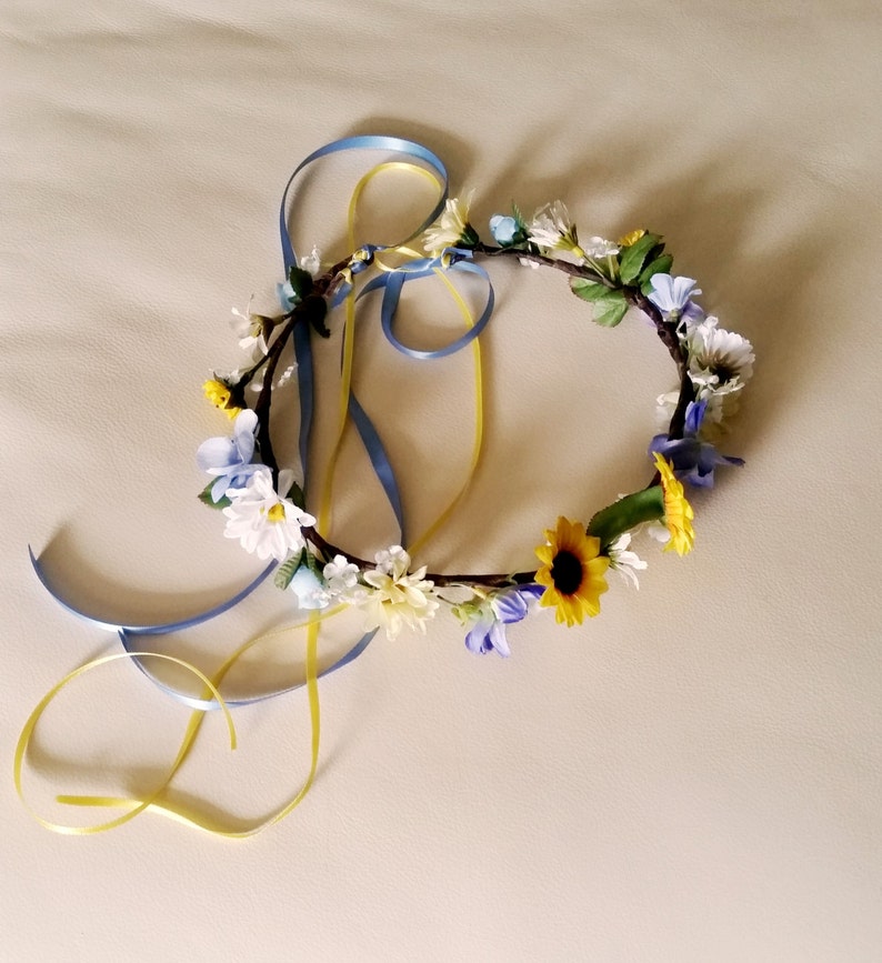 silk sunflower blue hair wreath Bridal flower crown yellow wedding accessories Rustic chic Woodland ready ship flower girl halo fall circlet