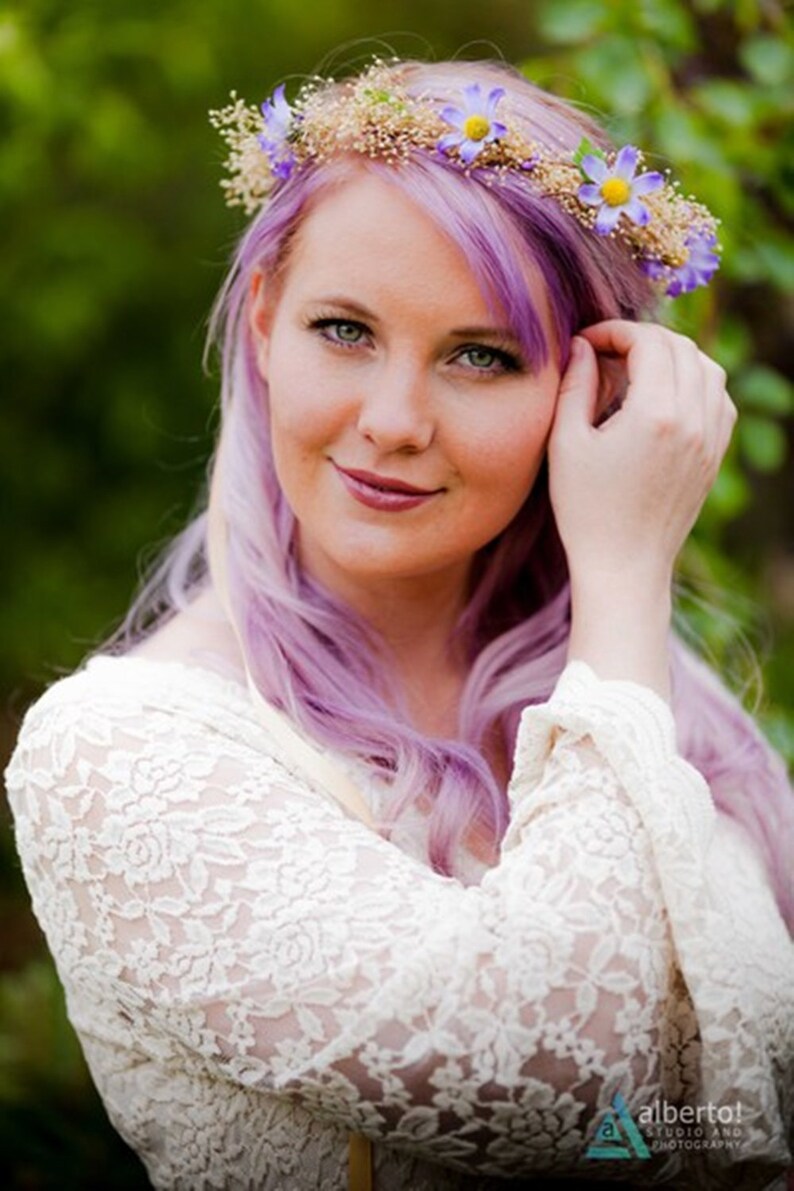 Lavender Flower crown elope Boho halo spring fashion headpiece bride hair Wreath vow renewal Babys Breath spring fairy accessories bridal image 4