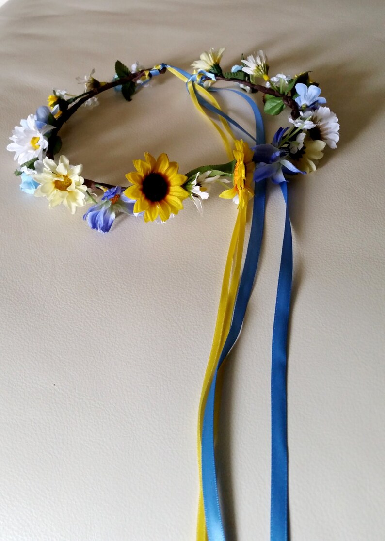 silk sunflower blue hair wreath Bridal flower crown yellow wedding accessories Rustic chic Woodland ready ship flower girl halo fall circlet