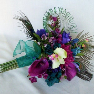 Teal Peacock feather Bridal Bouquet Brides maids artificial wedding flowers purple, Raspberry, pink bokay package custom for Terianna image 4