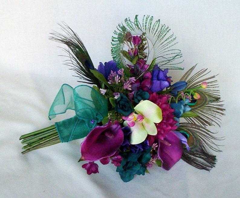 Teal Peacock feather Bridal Bouquet Brides maids artificial wedding flowers purple, Raspberry, pink bokay package custom for Terianna image 4