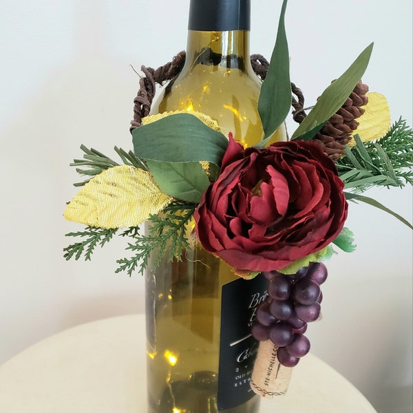 Wine lover gift for her bottle topper Valentines flowers home decor Mothers Day romantic centerpiece lights Red burgundy favors Grapes cork