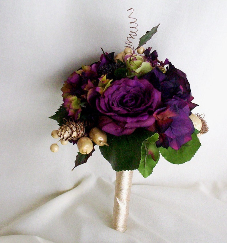 Plum Bridal Bouquet Silk Wedding Flowers Fall Purple Gold Etsy