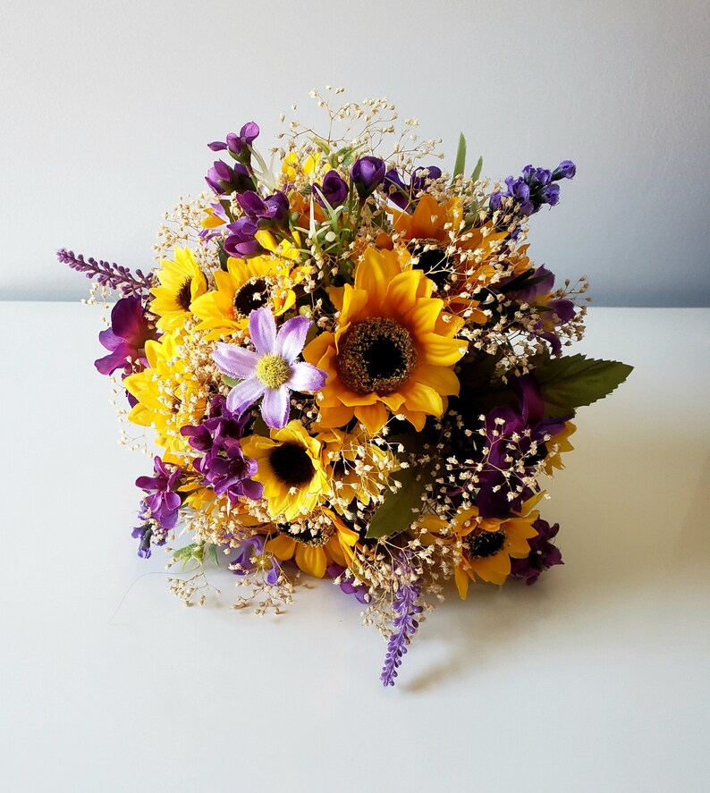 Custom Quinceanera Bouquet Sunflower Purple Silk Flowers Dried Etsy